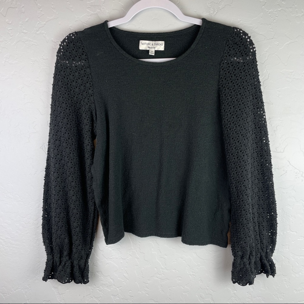 Madewell Texture & Thread Eyelet Mix Ruffle Sleeve Top Black AD111 XS - Picture 2 of 8